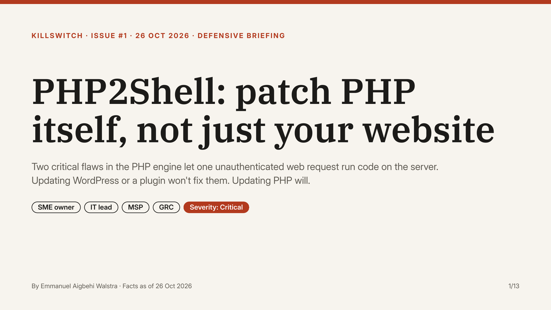 Slide 1: cover, PHP2Shell, severity Critical, for SME owners, IT leads, MSPs and GRC.