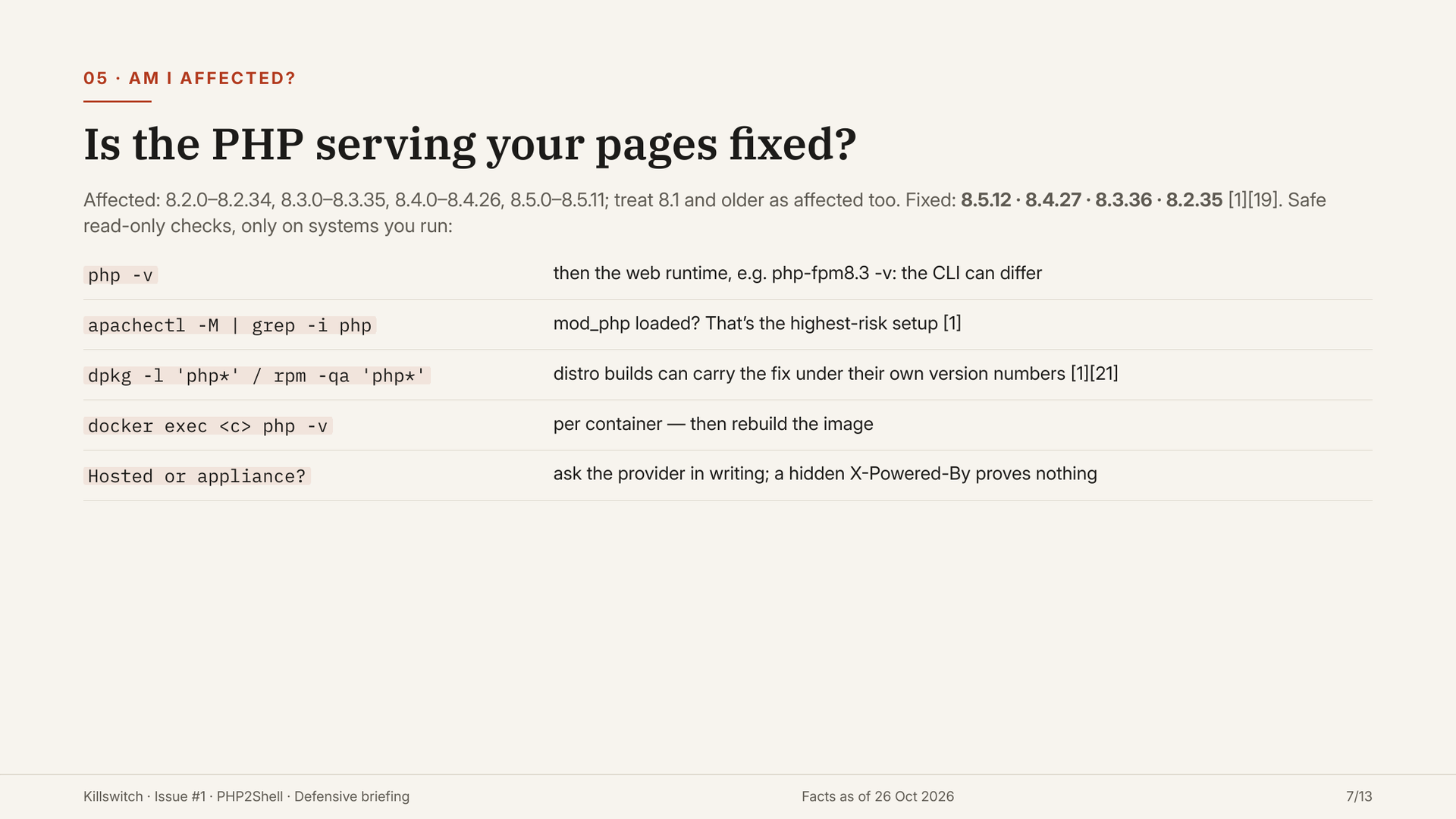 Slide 7: affected version ranges and safe read-only checks.