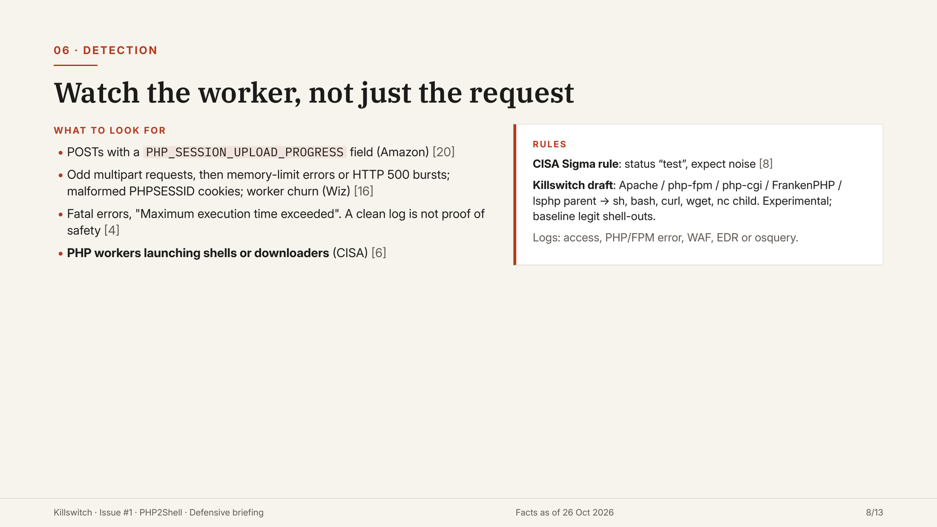 Slide 8: detection signals from Amazon, Wiz and CISA.