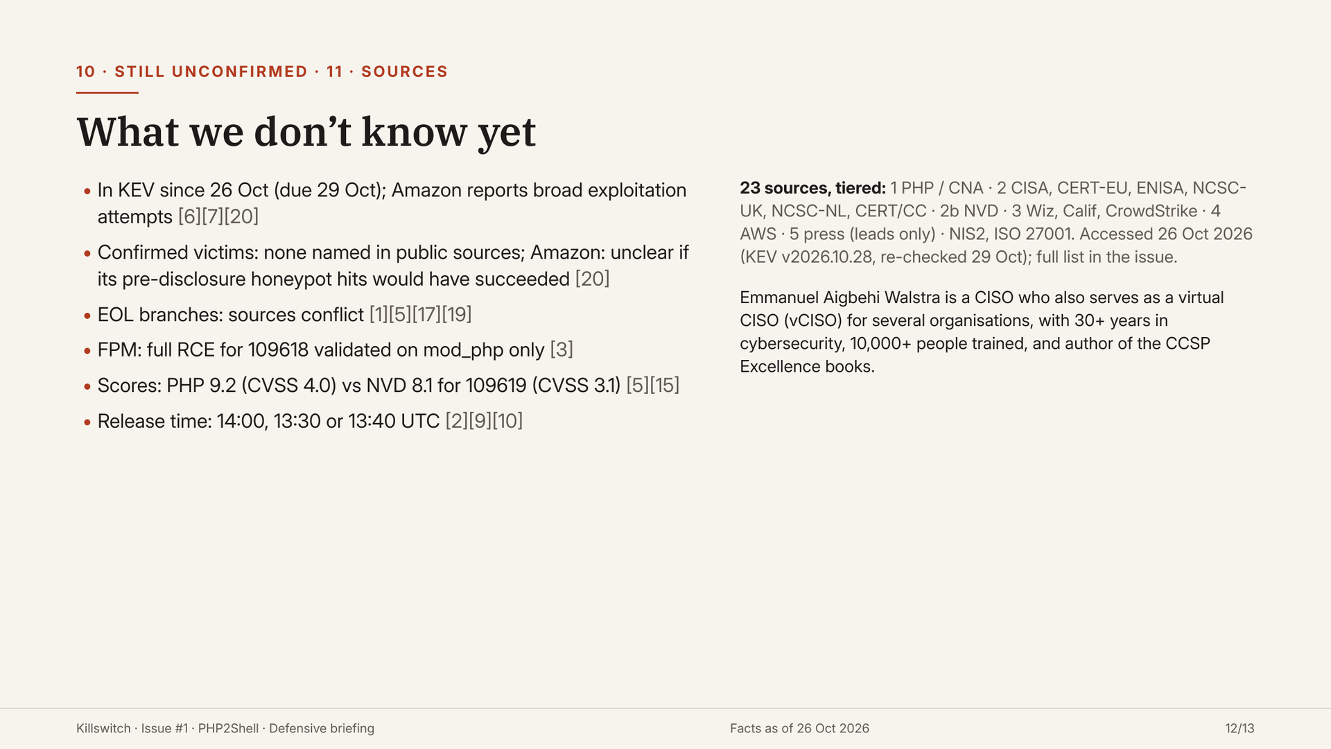 Slide 12: still unconfirmed points and the source list.