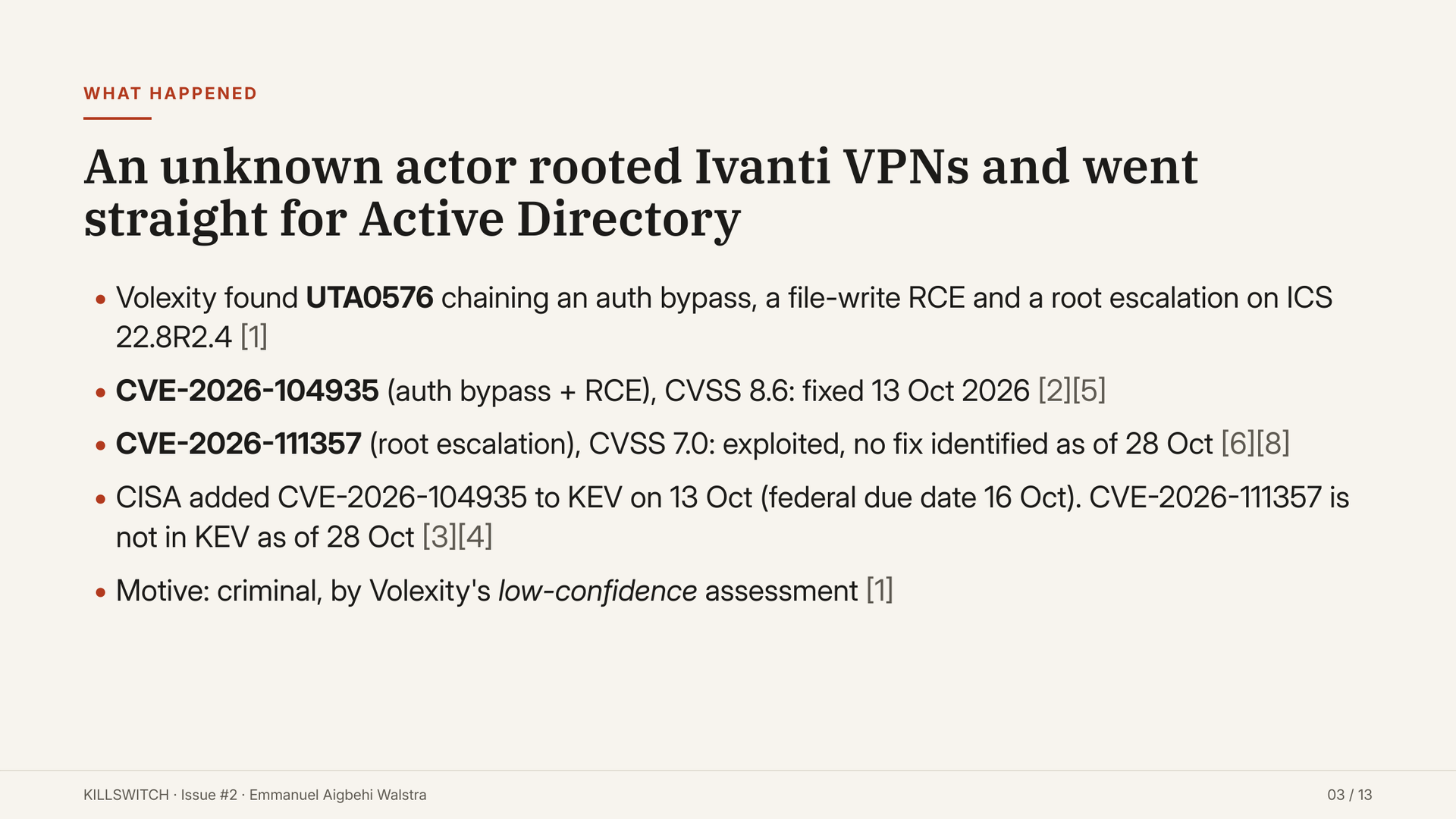 Slide 3: what happened, UTA0576, the three-step chain and KEV status.