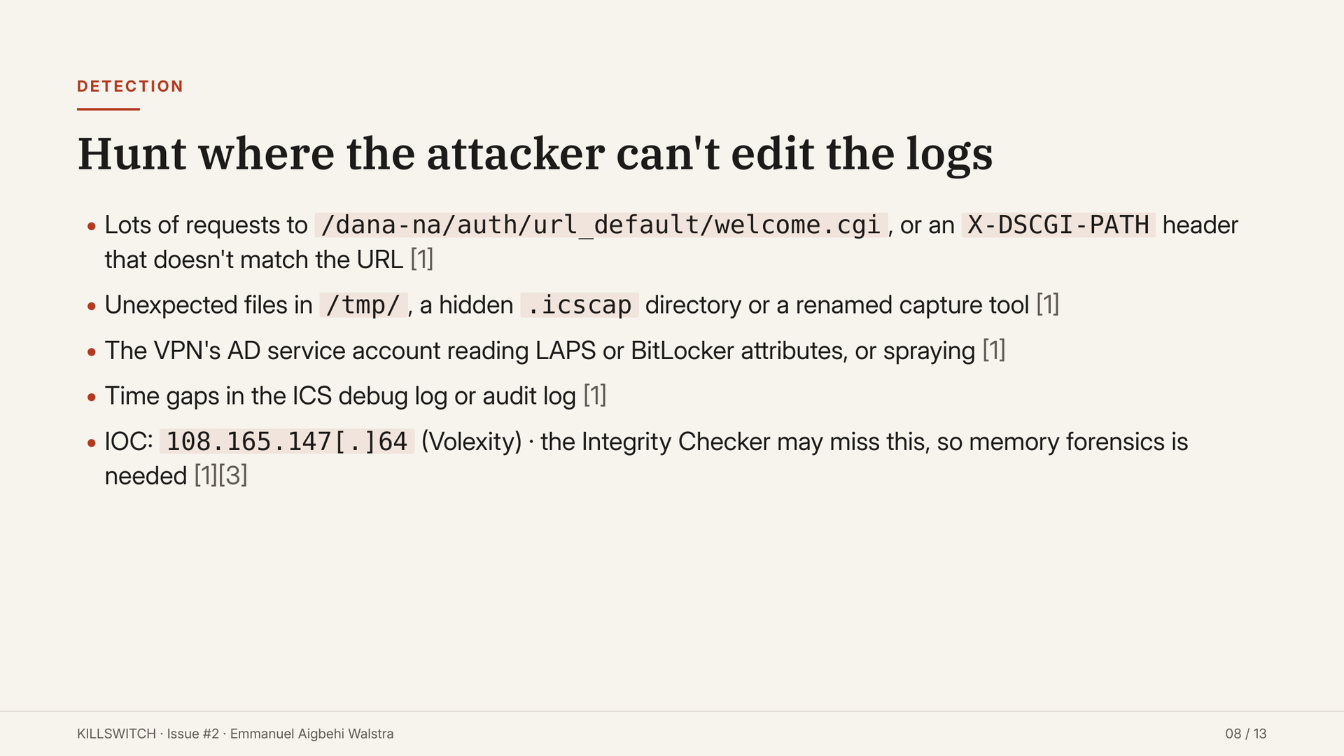 Slide 8: detection points on web requests, the appliance, Active Directory and logs.