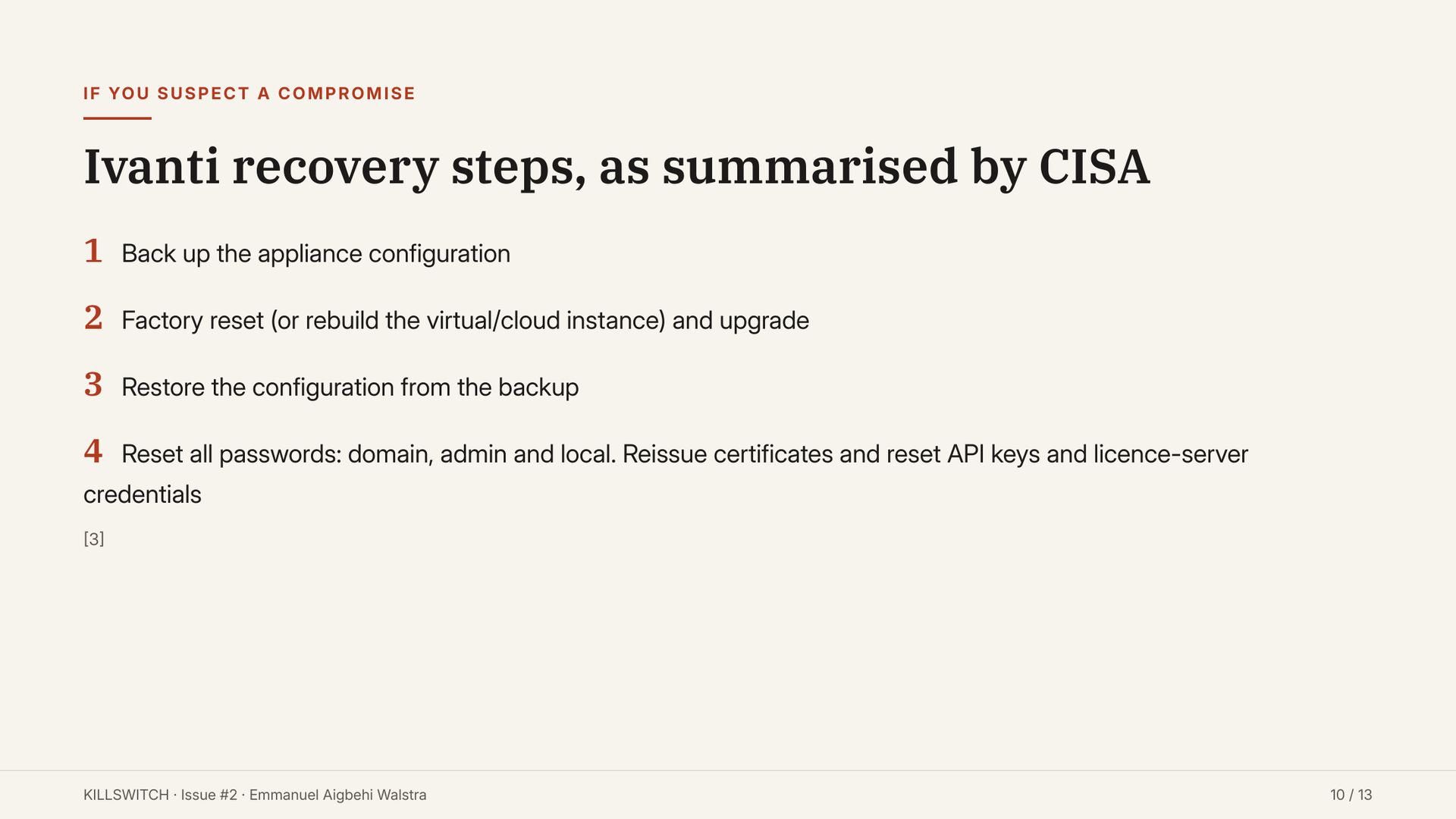 Slide 10: four recovery steps if you suspect a compromise.