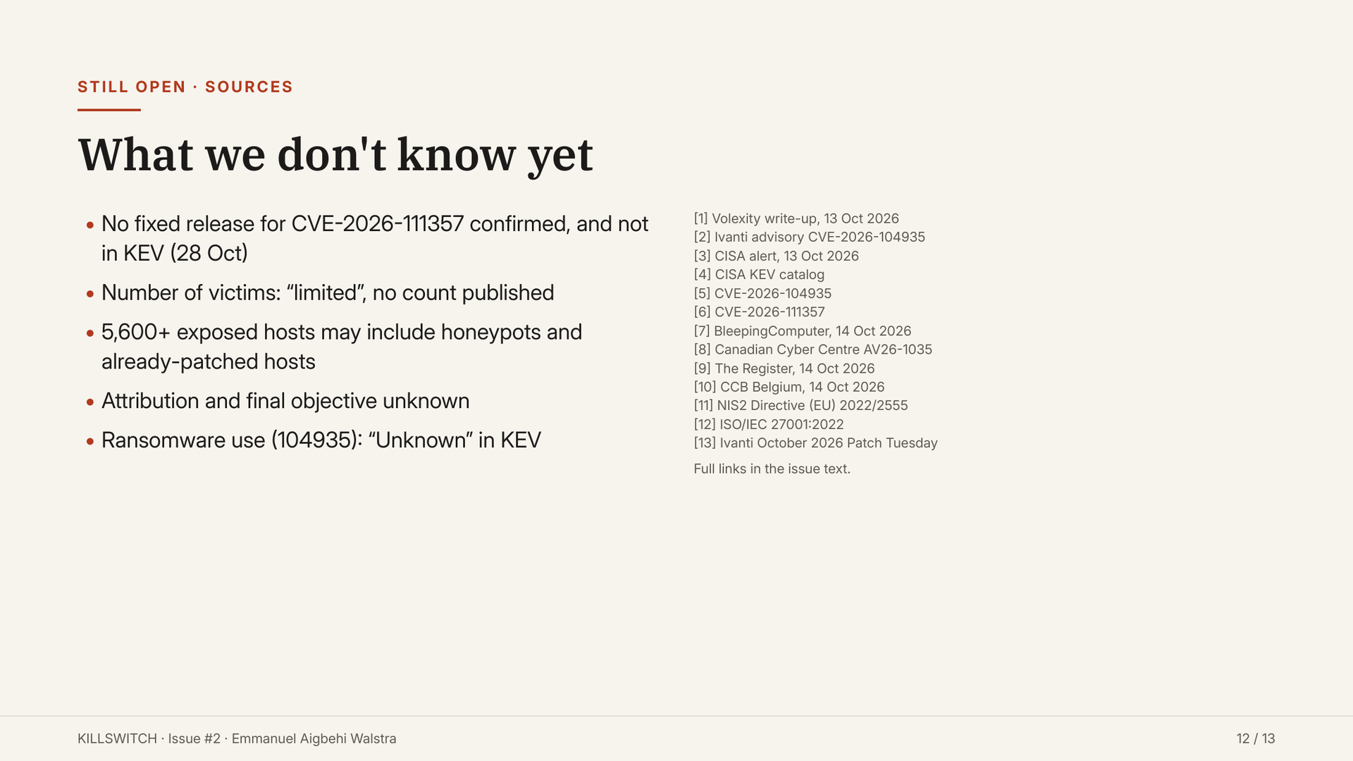 Slide 12: still open points and the source list.