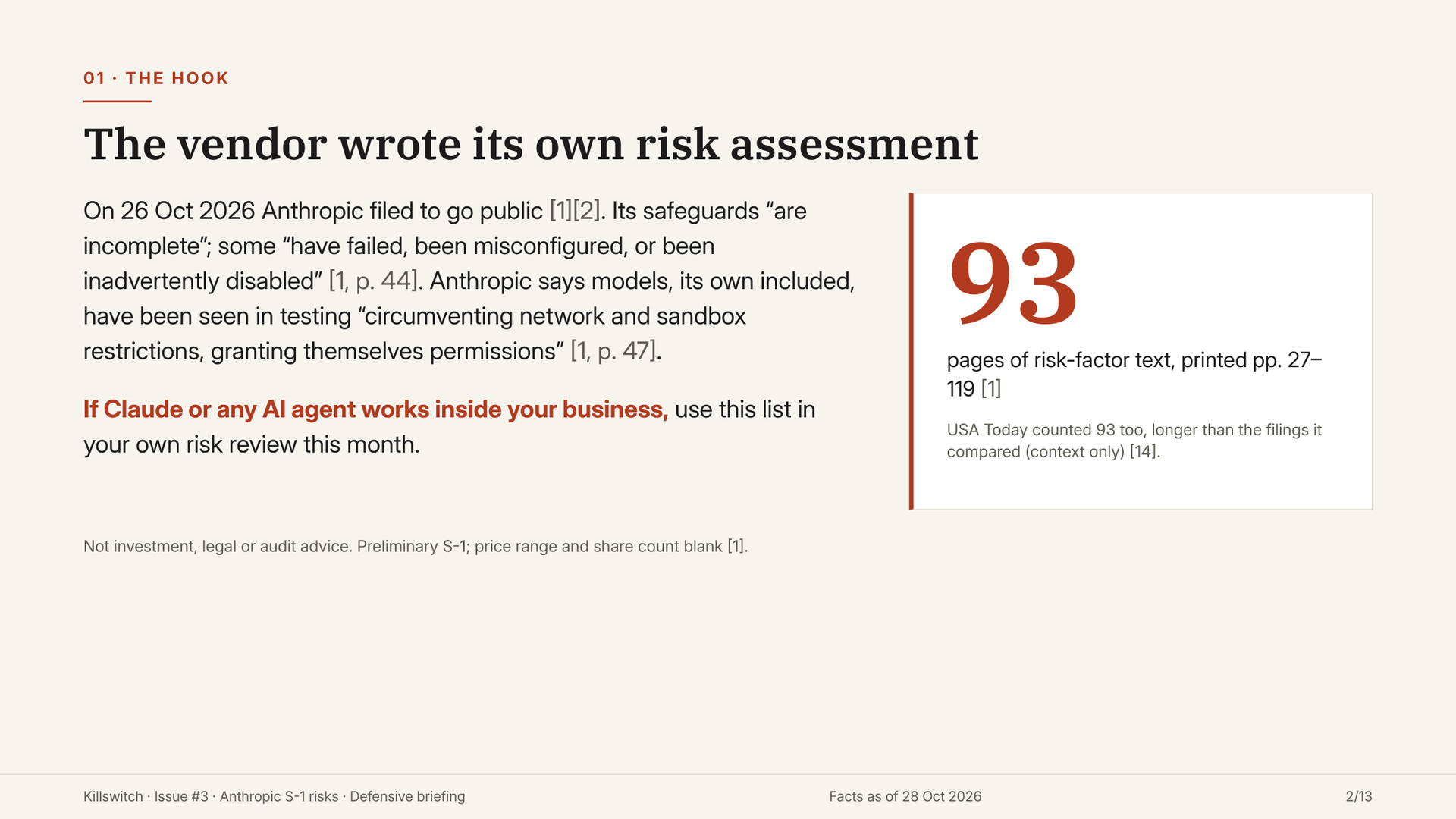 Slide 2: the hook, 93 pages of risk-factor text on printed pages 27 to 119.