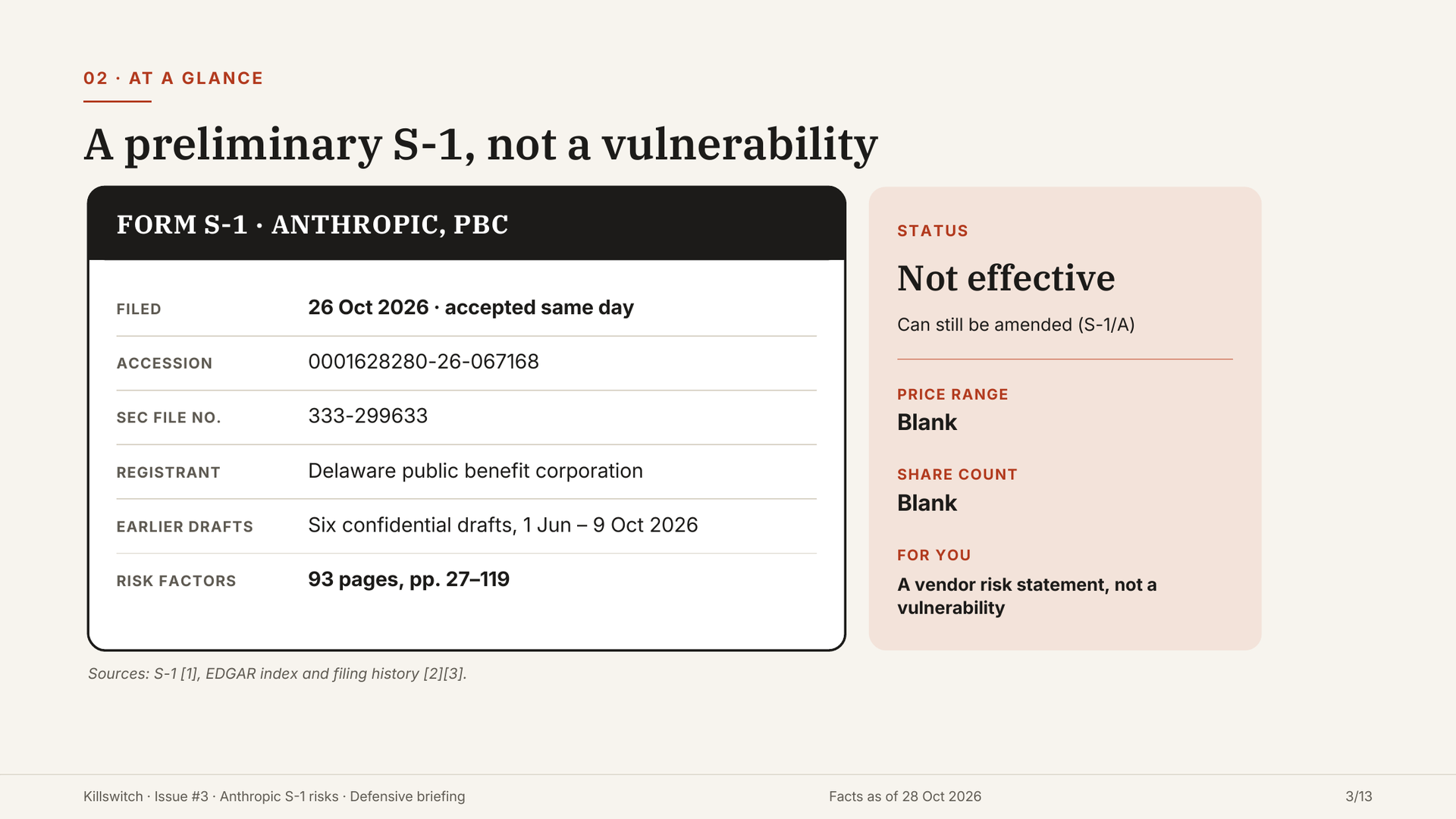 Slide 3: filing status card, Form S-1 filed 26 October 2026, not effective.