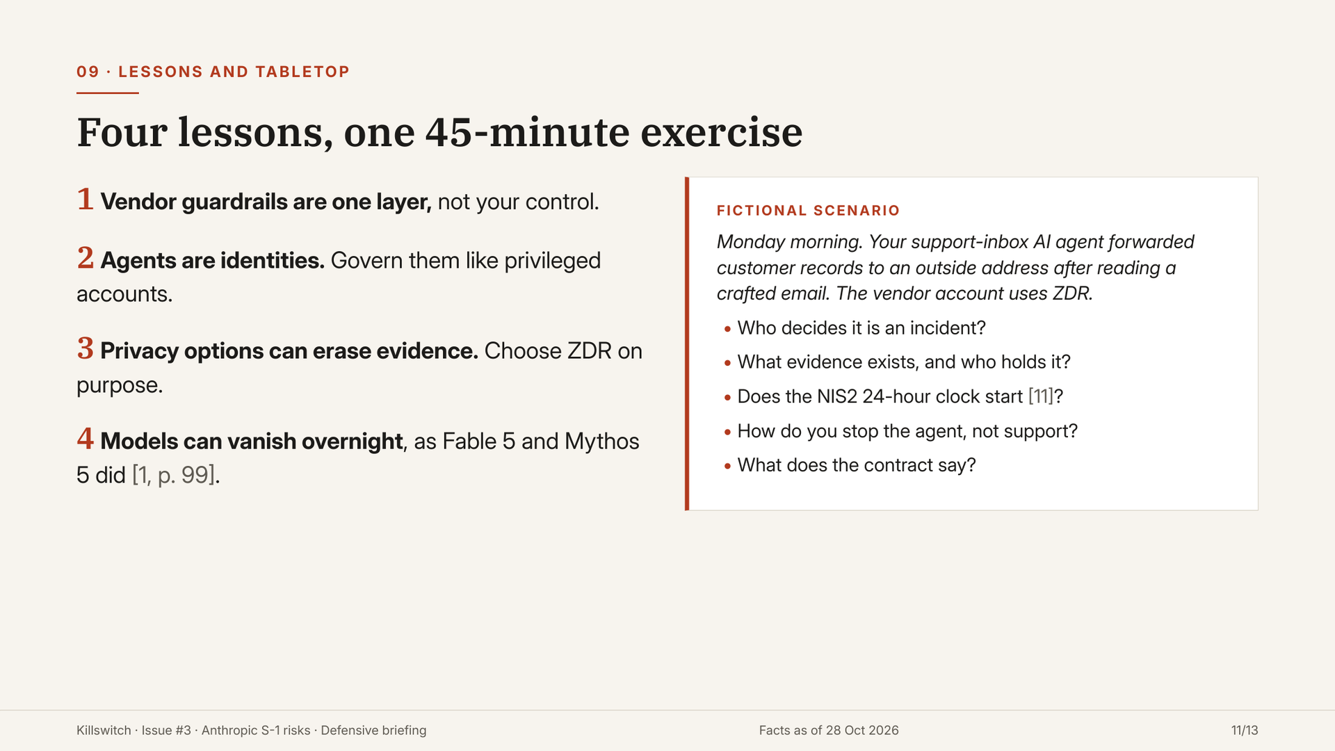 Slide 11: four lessons and a fictional 45-minute tabletop.