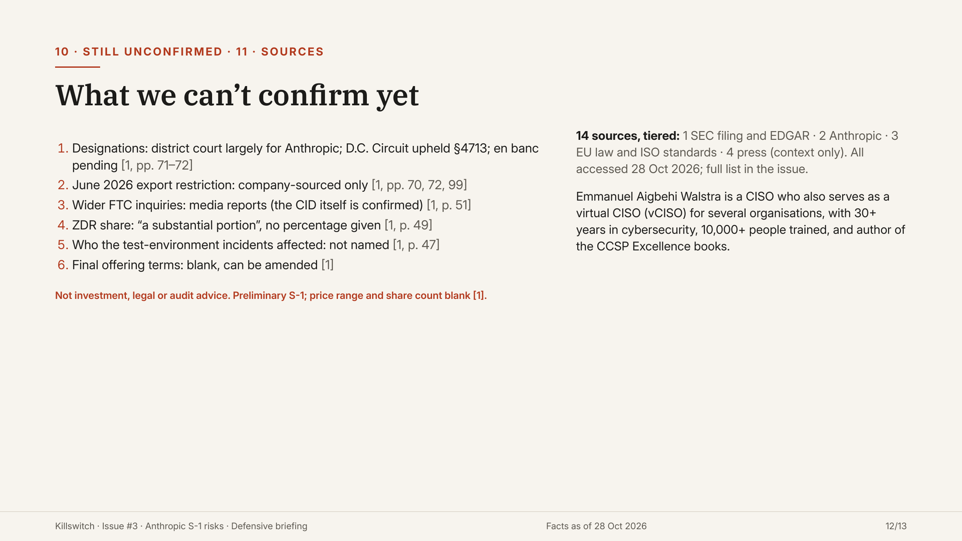 Slide 12: still unconfirmed points and the source list.