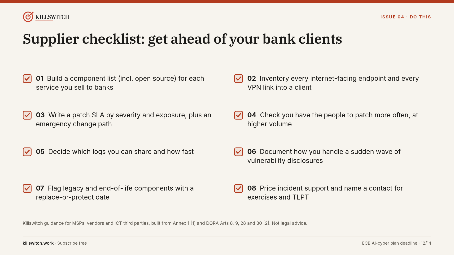 Slide 12: eight-point checklist for MSPs, vendors and ICT third parties.
