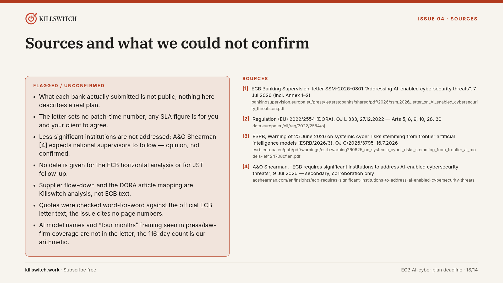 Slide 13: list of flagged or unconfirmed points alongside the four sources.
